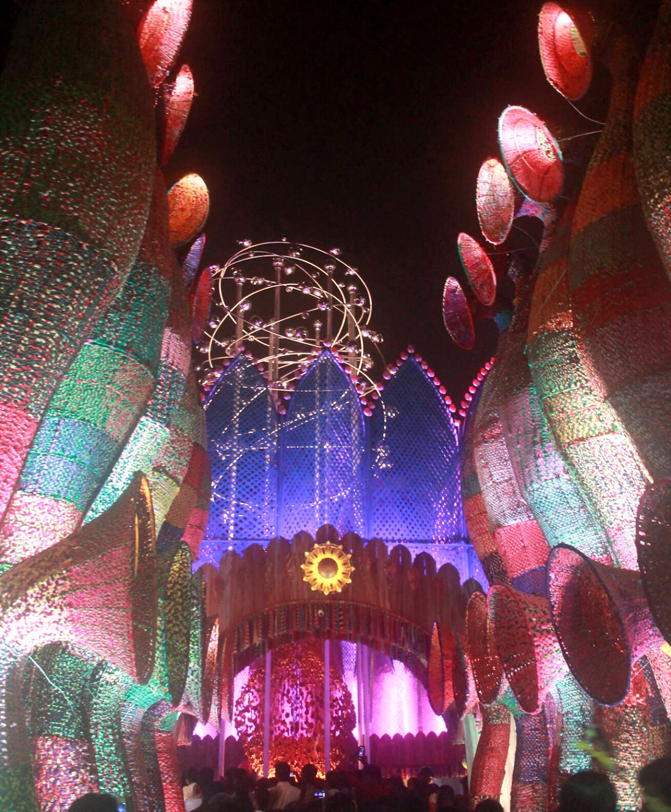 A decorative pandal theme depicting horns made of bamboo, 2013.